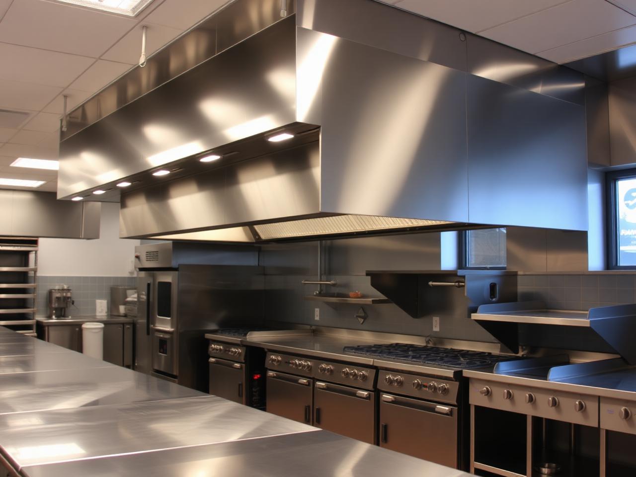 Commercial kitchen with stainless steel ovens and a large exhaust hood